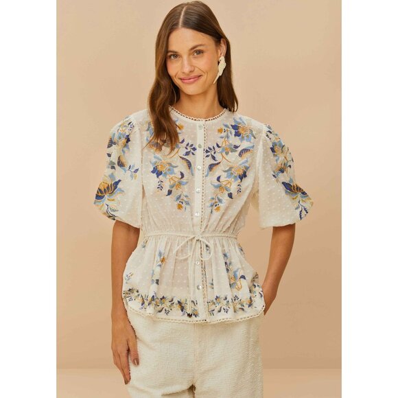 FARM RIO Women's Off-White Mystic Blue Lotus Dreamscape Blouse Size L - Picture 1 of 16